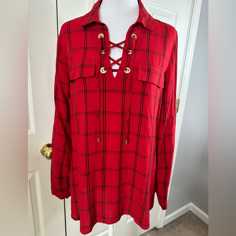 NWT Calvin Klein lace up top, gold accents, red plaid, roll up sleeves, XS